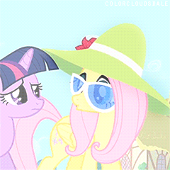 Size: 240x240 | Tagged: safe, screencap, character:fluttershy, character:twilight sparkle, character:twilight sparkle (unicorn), species:pegasus, species:pony, species:unicorn, episode:green isn't your color, g4, my little pony: friendship is magic, animated, clothing, gif, hat, sunglasses