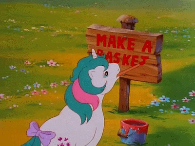 Size: 400x300 | Tagged: safe, screencap, character:gusty, species:pony, species:unicorn, g1, my little pony: the movie (1986), animated, ball, bucket, gif, paint, paint bucket, paintbrush, painting, sign