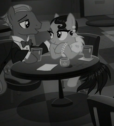 Size: 491x545 | Tagged: safe, screencap, character:cleopatra jazz, species:pony, episode:sparkle's seven, g4, my little pony: friendship is magic, background pony, cropped, female, male, mare, monochrome, shipping fuel, stallion, table, tavern, unnamed pony