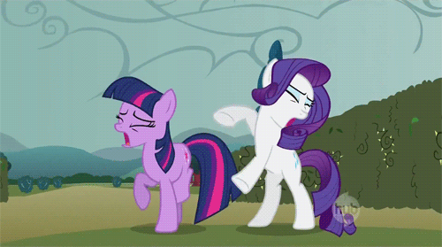 Size: 500x279 | Tagged: safe, screencap, character:rarity, character:twilight sparkle, species:earth pony, species:pony, episode:the return of harmony, g4, my little pony: friendship is magic, animated, bipedal, earth pony rarity, earth pony twilight, eyes closed, gif, hoofy-kicks, horses doing horse things, missing horn, trotting, trotting in place
