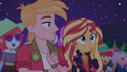 Size: 1914x1080 | Tagged: safe, screencap, character:big mcintosh, character:sunset shimmer, episode:the last drop, g4, my little pony:equestria girls, animation error, background human, clothing, cute, duke suave, female, fry lilac, geode of empathy, hat, hunter hedge, lemon zack, magical geodes, male, night, outdoors, panama hat, peppermint azure, raspberry lilac, shimmerbetes, smiling, the last drop: fluttershy