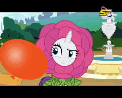 Size: 720x576 | Tagged: safe, screencap, character:rarity, species:pony, episode:forever filly, g4, my little pony: friendship is magic, animated, anti-romance, balloon, censorship, flower costume, flowerity, no sound, official censorship, spacetoon, twisty pop, united arab emirates, wat, webm, why