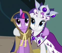 Size: 1280x1080 | Tagged: safe, screencap, character:clover the clever, character:rarity, character:twilight sparkle, character:twilight sparkle (unicorn), species:pony, species:unicorn, episode:hearth's warming eve, g4, my little pony: friendship is magic, cropped, duo, female, mare, princess platinum, smiling