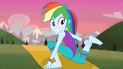 Size: 1920x1080 | Tagged: safe, screencap, character:rainbow dash, episode:wake up!, g4, my little pony:equestria girls, barefoot, feet, flexible, tech-savvy donkey, wake up!: rainbow dash, yoga pose