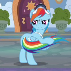 Size: 810x810 | Tagged: safe, screencap, character:rainbow dash, species:pegasus, species:pony, episode:2-4-6 greaaat, bipedal, clothing, coach, coach rainbow dash, cropped, cutie mark, female, folded wings, glare, hat, holding tail, mare, rainbow dash is not amused, solo, unamused, wings