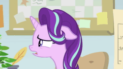 Size: 1280x720 | Tagged: safe, screencap, character:doctor whooves, character:octavia melody, character:phyllis, character:starlight glimmer, character:time turner, character:trixie, species:pony, species:unicorn, episode:a horse shoe-in, g4, my little pony: friendship is magic, animated, annoyed, cape, clothing, desk, duo, falling, female, grin, hat, magic, mare, no sound, picture, plant, potted plant, pushing, scrunchy face, smiling, table, telekinesis, trixie's cape, trixie's hat, webm, worried