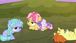 Size: 1920x1080 | Tagged: safe, screencap, character:kettle corn, species:pony, episode:the last laugh, g4, my little pony: friendship is magic, bored, clothing, dress, female, filly, indian summer, lilac ice, on back, prone