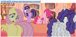 Size: 1456x714 | Tagged: safe, screencap, character:fluttershy, character:pinkie pie, character:rarity, character:twilight sparkle, species:pony, episode:bridle gossip, g4, my little pony: friendship is magic, butt, fanservice, flutterbutt, plot, what japan thinks of mlp