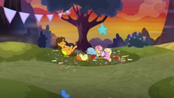 Size: 1920x1080 | Tagged: safe, screencap, character:cheese sandwich, character:kettle corn, species:pony, episode:the last laugh, g4, my little pony: friendship is magic, candy, food, indian summer, laughing, lilac ice, on back, piñata, tree