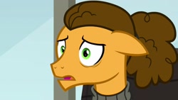 Size: 1920x1080 | Tagged: safe, screencap, character:cheese sandwich, species:pony, episode:the last laugh, g4, my little pony: friendship is magic, alternate hairstyle, clothing, floppy ears, solo, sweater, turtleneck