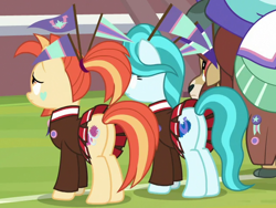 Size: 640x480 | Tagged: safe, screencap, character:lighthoof, character:shimmy shake, character:yona, species:earth pony, species:pony, species:yak, episode:2-4-6 greaaat, buckball field, butt, cropped, cutie mark, female, plot, school of friendship, technically an upskirt shot