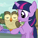 Size: 150x150 | Tagged: safe, screencap, character:owlowiscious, character:twilight sparkle, species:owl, species:pony, species:unicorn, episode:owl's well that ends well, g4, my little pony: friendship is magic, animated, cute, gif, gif for breezies, picture for breezies