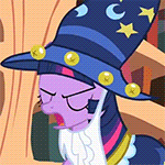 Size: 150x150 | Tagged: safe, screencap, character:star swirl the bearded, character:twilight sparkle, species:earth pony, species:pony, species:unicorn, episode:luna eclipsed, g4, my little pony: friendship is magic, animated, clothing, costume, gif, gif for breezies, golden oaks library, nightmare night costume, picture for breezies, solo, star swirl the bearded costume
