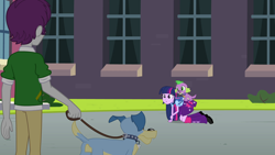Size: 1920x1080 | Tagged: safe, screencap, character:indigo wreath, character:spike, character:twilight sparkle, species:dog, equestria girls:equestria girls, g4, my little pony:equestria girls, all fours, background human, blue dog, clothing, female, humans doing horse things, indigo wreath, leg warmers, male, pants, pleated skirt, shoes, skirt, spike the dog, spike's dog collar