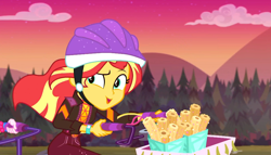 Size: 1892x1080 | Tagged: safe, screencap, character:pinkie pie, character:sunset shimmer, equestria girls:sunset's backstage pass, g4, my little pony:equestria girls, basket, bicycle, churros, female, food, geode of empathy, helmet, magical geodes, mountain, mountain range, outdoors, raised eyebrow