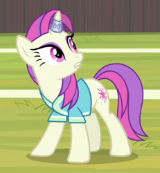 Size: 373x403 | Tagged: safe, screencap, character:asteria, species:pony, species:unicorn, episode:2-4-6 greaaat, background pony, buckball, clothing, female, horn, horn ring, jersey, magic suppression, mare, shirt, solo