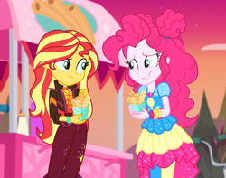 Size: 1252x988 | Tagged: safe, screencap, character:pinkie pie, character:sunset shimmer, equestria girls:sunset's backstage pass, g4, my little pony:equestria girls, bicycle, churros, clothing, cropped, cute, diapinkes, duo, duo female, female, food, food stand, geode of sugar bombs, magical geodes, outdoors, pantyhose, shimmerbetes, shipping fuel, smiling