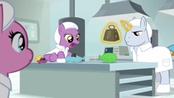 Size: 1920x1080 | Tagged: safe, screencap, species:pony, episode:the last laugh, g4, my little pony: friendship is magic, clothing, factory, gag factory, lab coat, lavender flask, magic, male, platinum cure, raspberry cotton, stallion, weight, whoopee cushion