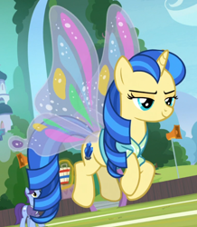 Size: 572x656 | Tagged: safe, screencap, character:mystic moonlight, character:november rain, species:pony, species:unicorn, episode:2-4-6 greaaat, buckball, butterfly wings, flying, friendship student, glimmer wings, wings