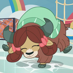 Size: 537x537 | Tagged: safe, screencap, character:yona, species:yak, episode:2-4-6 greaaat, bow, buckball, cloven hooves, cropped, cute, dancing, eyes closed, female, gym, hair bow, happy, monkey swings, smiling, solo, stomping, yonadorable