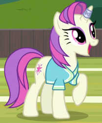 Size: 364x437 | Tagged: safe, screencap, character:asteria, species:pony, species:unicorn, episode:2-4-6 greaaat, background pony, buckball, clothing, cropped, female, happy, horn, horn ring, jersey, magic suppression, mare, open mouth, smiling, solo