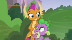 Size: 1280x720 | Tagged: safe, screencap, character:smolder, character:spike, species:dragon, episode:father knows beast, g4, my little pony: friendship is magic, dragoness, duo, female, leaf, male, nickelodeon, winged spike