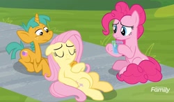 Size: 1644x962 | Tagged: safe, screencap, character:fluttershy, character:pinkie pie, character:snails, species:earth pony, species:pegasus, species:pony, species:unicorn, episode:2-4-6 greaaat, colt, eyes closed, female, glass, glass of water, grass, hoof on chest, male, mare, on back, water