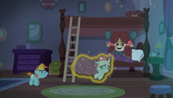 Size: 1920x1080 | Tagged: safe, screencap, character:ocellus, character:snips, character:yona, species:changedling, species:changeling, species:pony, species:reformed changeling, species:unicorn, species:yak, episode:2-4-6 greaaat, bedroom, blanket, bunk bed, colt, dorm, dresser, female, glowing horn, horn, ladder, magic, male, roommates, rug, school of friendship, stool, telekinesis, waking up, whistle, whistle necklace