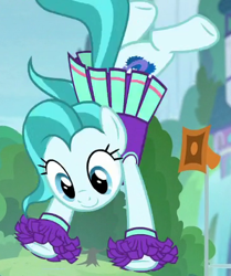 Size: 360x430 | Tagged: safe, screencap, character:lighthoof, species:earth pony, species:pony, episode:2-4-6 greaaat, backflip, cheerleader uniform, clothing, cropped, cute, cutie mark, female, mare, outdoors, pleated skirt, skirt