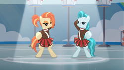 Size: 1360x765 | Tagged: safe, screencap, character:lighthoof, character:shimmy shake, species:earth pony, species:pony, episode:2-4-6 greaaat, bedroom eyes, bipedal, cheerleader, cheerleader outfit, clothing, female, grin, lidded eyes, looking at you, mare, pleated skirt, pointing, pointing at you, ponytail, skirt, smiling