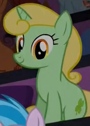 Size: 359x501 | Tagged: safe, screencap, character:air way, character:cloverbelle, character:cocoa caliente, character:pearly whites, species:pony, species:unicorn, episode:the cutie re-mark, background pony, cropped, female, mare, smiling, solo focus