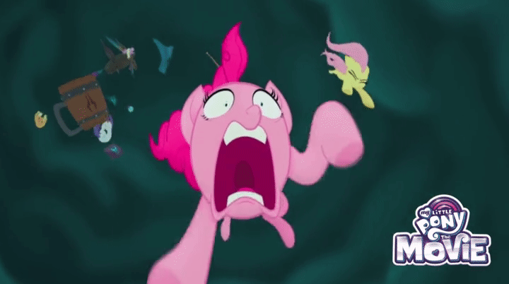 Size: 720x402 | Tagged: safe, screencap, character:applejack, character:fluttershy, character:pinkie pie, character:rarity, species:earth pony, species:pegasus, species:pony, species:unicorn, my little pony: the movie (2017), animated, faec, falling, gif, laughing, marshmelodrama, mug, peril, pinkie being pinkie, rarity being rarity, screaming