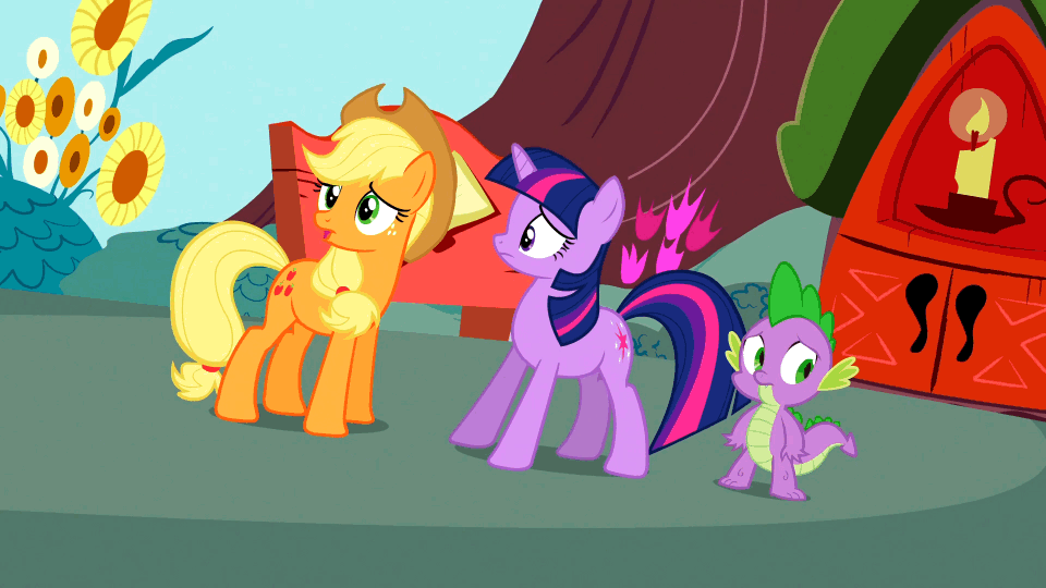Size: 960x540 | Tagged: safe, screencap, character:applejack, character:spike, character:twilight sparkle, character:twilight sparkle (unicorn), species:dragon, species:earth pony, species:pony, species:unicorn, episode:too many pinkie pies, g4, my little pony: friendship is magic, animated, bipedal, gif, golden oaks library, perfect loop