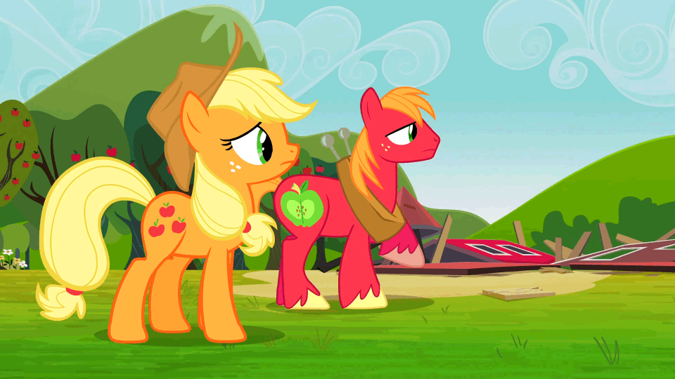 Size: 960x540 | Tagged: safe, screencap, character:applejack, character:big mcintosh, species:earth pony, species:pony, episode:too many pinkie pies, g4, my little pony: friendship is magic, animated, applejack's hat, clothing, cowboy hat, gif, hat
