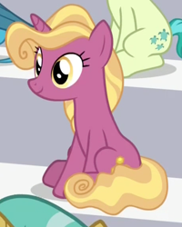 Size: 688x862 | Tagged: safe, screencap, character:citrine spark, character:fire quacker, character:gallus, character:sandbar, species:pony, species:unicorn, episode:2-4-6 greaaat, background pony, cropped, female, fire flicker, friendship student, mare, offscreen character, sitting, smiling, solo focus