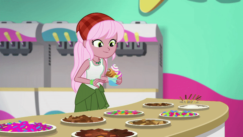 Size: 800x450 | Tagged: safe, screencap, species:bird, episode:tip toppings, g4, my little pony:equestria girls, animal, animated, bandana, candy, clothing, cup, eating, female, flying, food, froyo, frozen yogurt, frozen yogurt machine, frozen yogurt shop, gif, gummy worm, jewelry, looking around, necklace, pink hair, raspberry lilac, run away, scared, shocked, sleeveless, squirrel, table, tank top, tip toppings: fluttershy, toppings