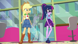 Size: 1280x720 | Tagged: safe, screencap, character:applejack, character:fluttershy, character:twilight sparkle, character:twilight sparkle (scitwi), species:bird, species:eqg human, episode:tip toppings, g4, my little pony:equestria girls, animal, applejack's hat, boots, chair, clothing, cowboy boots, cowboy hat, cropped, denim skirt, female, frozen yogurt shop, geode of super strength, geode of telekinesis, glass door, glasses, hat, legs, magical geodes, ponytail, shoes, skirt, socks, stetson, store