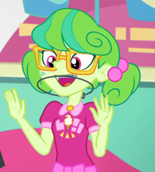 Size: 976x1080 | Tagged: safe, screencap, episode:tip toppings, g4, my little pony:equestria girls, adorkable, braces, cashier, cropped, cute, dork, female, glasses, happy, open mouth, orthodontic headgear, smiling, spittle, stella sprinkles
