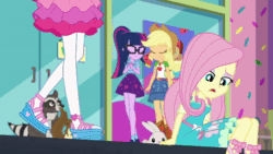 Size: 1920x1080 | Tagged: safe, screencap, character:angel bunny, character:applejack, character:fluttershy, character:pinkie pie, character:twilight sparkle, character:twilight sparkle (scitwi), species:eqg human, species:rabbit, episode:tip toppings, g4, my little pony:equestria girls, acorn, animal, animated, cute, diapinkes, euphemism, froyo, frozen yogurt, geode of fauna, geode of sugar bombs, geode of super strength, geode of telekinesis, magical geodes, shyabetes, sound, squirrel, tip toppings: fluttershy, webm
