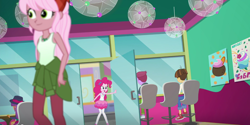 Size: 1280x639 | Tagged: safe, screencap, character:ginger owlseye, character:pinkie pie, character:wiz kid, episode:tip toppings, g4, my little pony:equestria girls, background human, clothing, converse, fedora, female, geode of sugar bombs, hat, magical geodes, male, pants, pantyhose, raspberry lilac, shoes, skirt, sleeveless, store, tank top, wiz kid