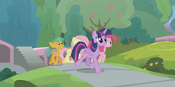 Size: 1366x682 | Tagged: safe, screencap, character:fluttershy, character:pinkie pie, character:snails, character:twilight sparkle, character:twilight sparkle (alicorn), species:alicorn, species:pony, episode:2-4-6 greaaat, outdoors, sidewalk, walking