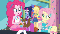 Size: 1920x1080 | Tagged: safe, screencap, character:angel bunny, character:applejack, character:fluttershy, character:pinkie pie, character:twilight sparkle, character:twilight sparkle (scitwi), species:eqg human, episode:tip toppings, g4, my little pony:equestria girls, acorn, applejack's hat, belt, boots, clothing, cowboy hat, cup, denim skirt, dress, food, froyo, frozen yogurt, geode of fauna, geode of sugar bombs, geode of super strength, geode of telekinesis, glasses, hat, magical geodes, outdoors, pantyhose, ponytail, raccoon, shoes, sitting, skirt, socks, squirrel, stetson, tip toppings: fluttershy