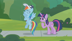 Size: 1362x768 | Tagged: safe, screencap, character:rainbow dash, character:twilight sparkle, character:twilight sparkle (alicorn), species:alicorn, species:pony, episode:2-4-6 greaaat, cap, clothing, eyes closed, flying, hat, sidewalk, smug, whistle