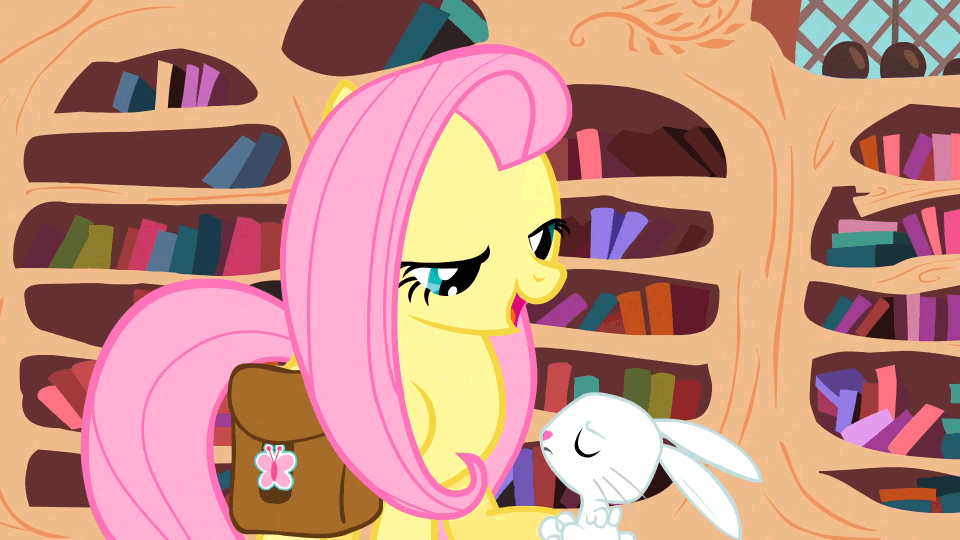 Size: 960x540 | Tagged: safe, screencap, character:angel bunny, character:fluttershy, species:pegasus, species:pony, species:rabbit, episode:just for sidekicks, g4, my little pony: friendship is magic, animal, animated, boop, cute, gif, golden oaks library, shyabetes