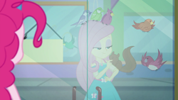 Size: 1280x720 | Tagged: safe, screencap, character:fluttershy, character:pinkie pie, species:bird, episode:tip toppings, g4, my little pony:equestria girls, animal, clothing, door, geode of fauna, magical geodes, squirrel, tip toppings: fluttershy