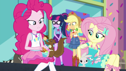 Size: 1280x720 | Tagged: safe, screencap, character:angel bunny, character:applejack, character:fluttershy, character:pinkie pie, character:twilight sparkle, character:twilight sparkle (scitwi), species:eqg human, episode:tip toppings, g4, my little pony:equestria girls, acorn, applejack's hat, belt, boots, clothing, cowboy hat, denim skirt, dress, food, freckles, froyo, frozen yogurt, geode of fauna, geode of sugar bombs, geode of super strength, geode of telekinesis, glasses, hat, magical geodes, outdoors, pantyhose, ponytail, raccoon, shoes, sitting, skirt, socks, squirrel, stetson, tip toppings: fluttershy