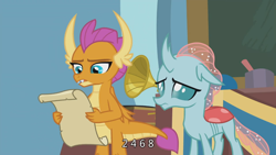 Size: 1366x768 | Tagged: safe, screencap, character:ocellus, character:smolder, species:changedling, episode:2-4-6 greaaat, bored, gramophone, numbers, reading, scroll, subtitles