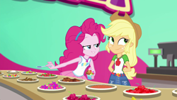 Size: 1920x1080 | Tagged: safe, screencap, character:applejack, character:pinkie pie, episode:tip toppings, g4, my little pony:equestria girls, applejack's hat, arm behind back, candy, cash register, cherry, chocolate, clothing, cowboy hat, cup, cute, food, freckles, froyo, frozen yogurt, fruit, geode of sugar bombs, geode of super strength, hat, jackabetes, looking at someone, looking away, magical geodes, smiling, spoon, table, tip toppings: applejack, toppings