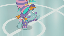 Size: 1368x774 | Tagged: safe, screencap, character:snips, species:pony, episode:2-4-6 greaaat, clothing, excited, face paint, flag, gym, hat, pointing, solo, top hat