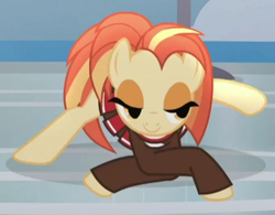 Size: 361x282 | Tagged: safe, screencap, character:shimmy shake, species:pony, episode:2-4-6 greaaat, cropped, female, flexible, lidded eyes, mare, smiling, solo